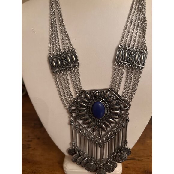 Boho Gypsy Coin Bib Necklace Bold Silver Statement With Blue Stone - Picture 11 of 16